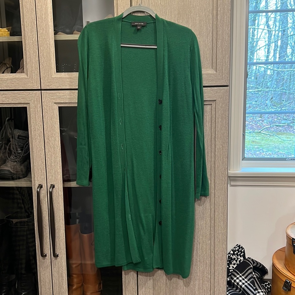 Long green sweater/duster, Ann Taylor, size small